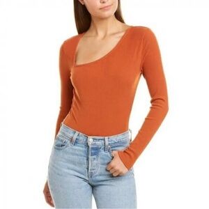 Avec Les Filles Asymmetric Neck Long Sleeve Ribbed Bodysuit Rust Womens Sz. XS